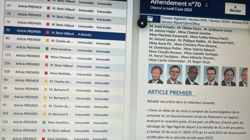 Amendement de Boris Vallaud. Photo de la liste d'amendements à la proposition de loi du groupe Liot. LCP